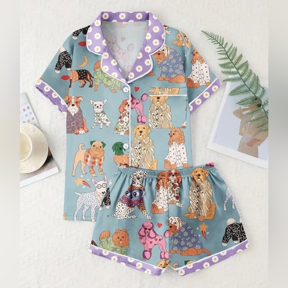 BOUTIQUE HIPPEE HARVEST SATIN DOG PRINT PAJAMA SET - Picture 2 of 6